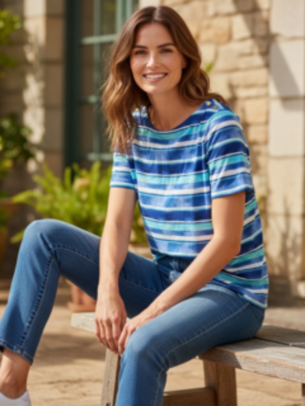 Chaps Women's Blue Striped Boatneck Top Size 2X